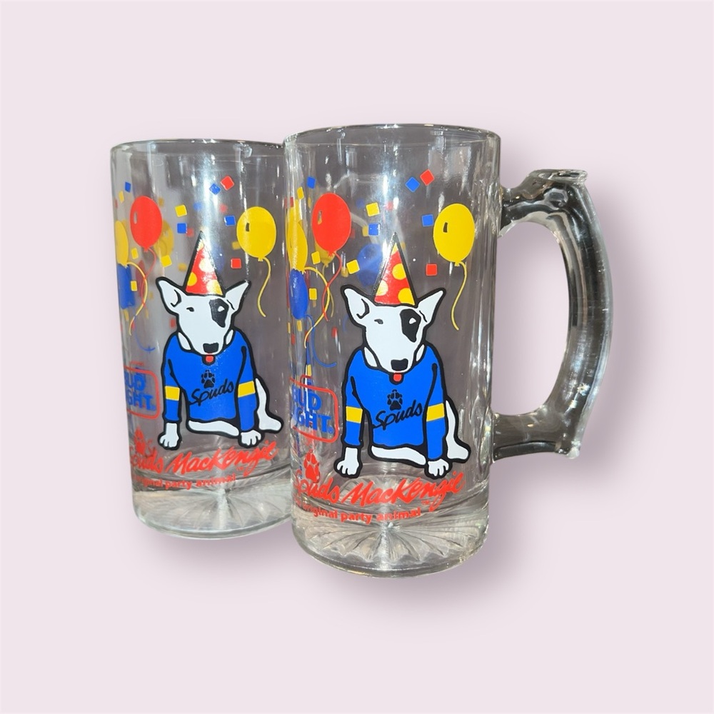 Vintage 1987 Bud Light Spuds Mackenzie Original Party Animal Beer Mugs Lot of 2